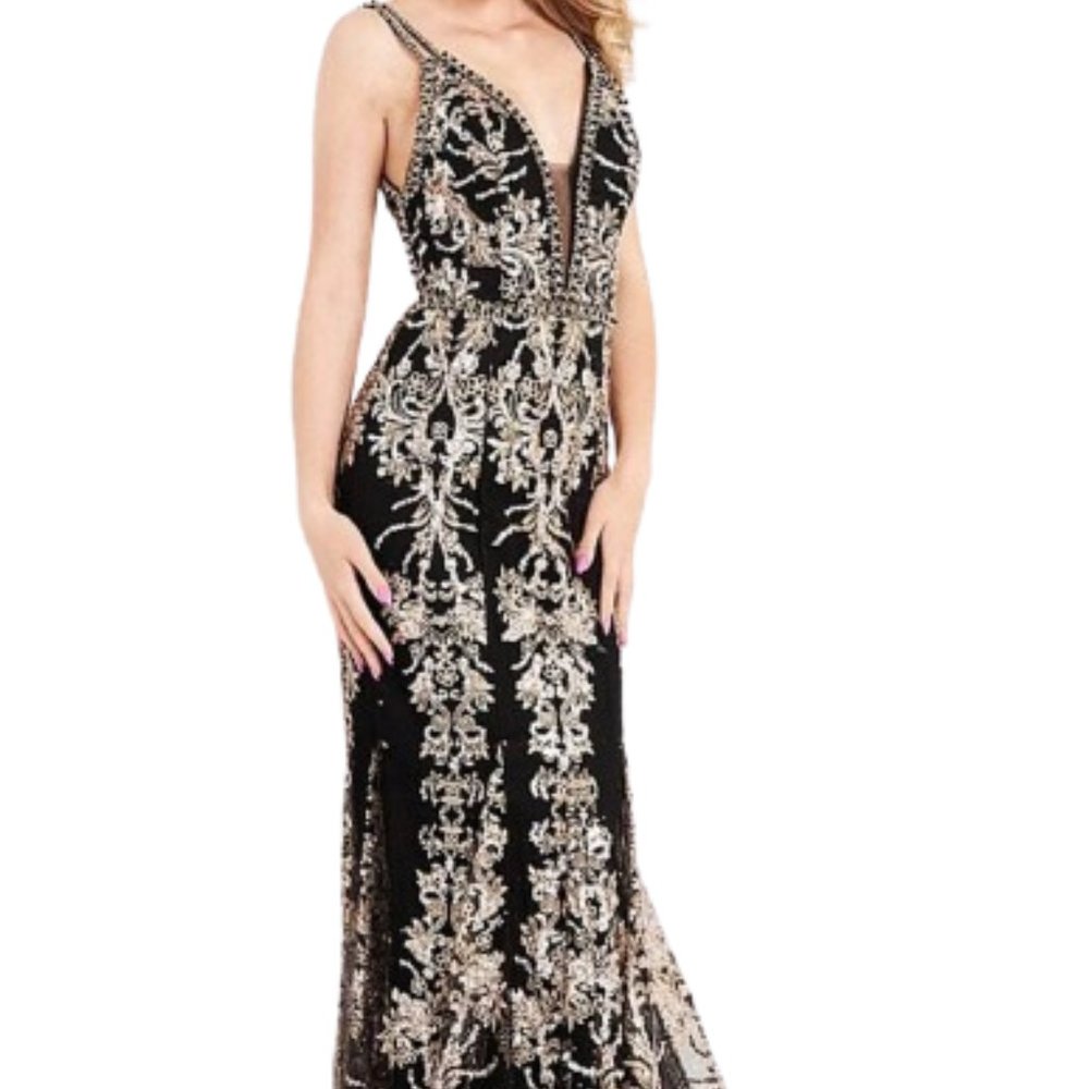 *JVN by Jovani JVN04789BSC Evening Dress Black-Gold Size 22